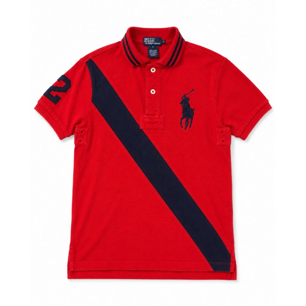 Polo Ralph Lauren Boys Size 7 Red Big Pony Sash Polo Shirt Navy #2 Cotton